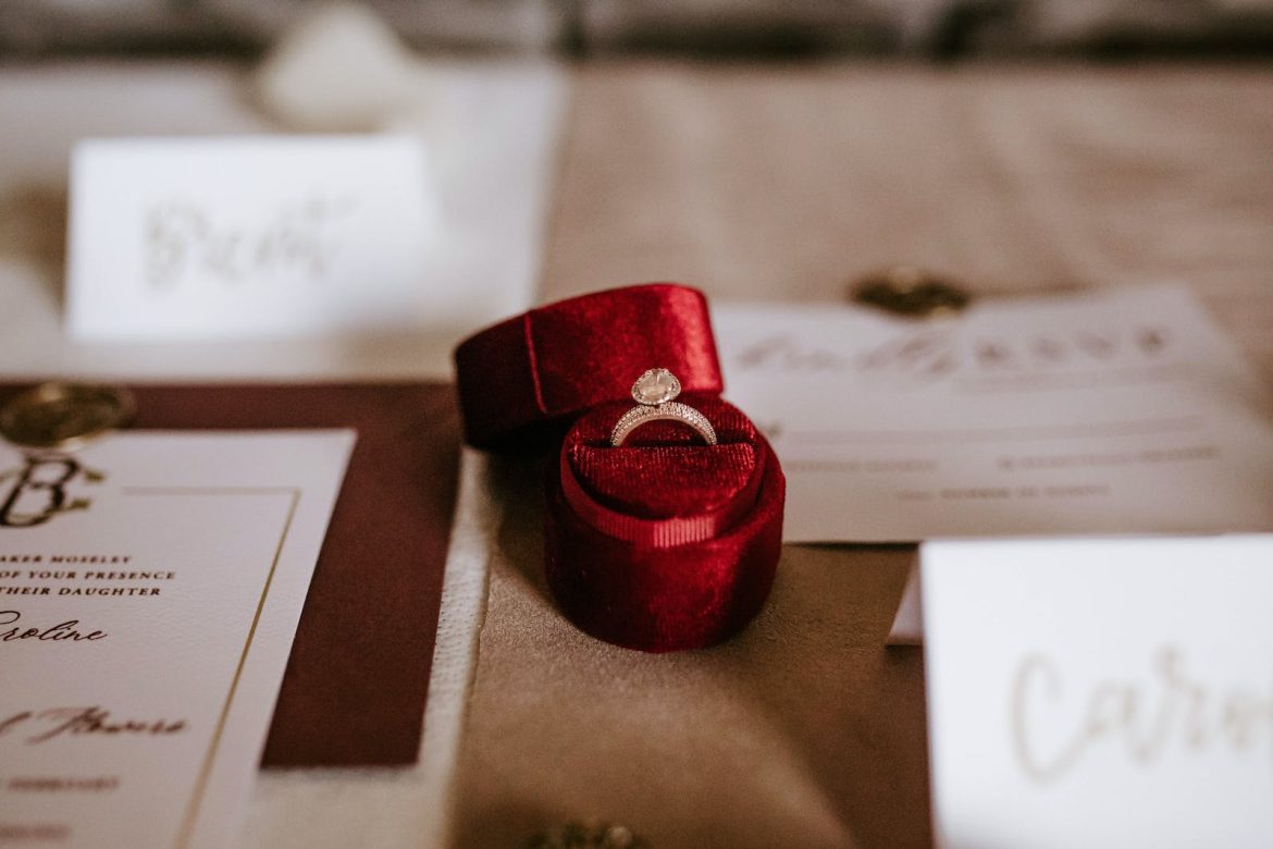 Photo by Tara Winstead Red box with golden ring placed on table with invitation cards